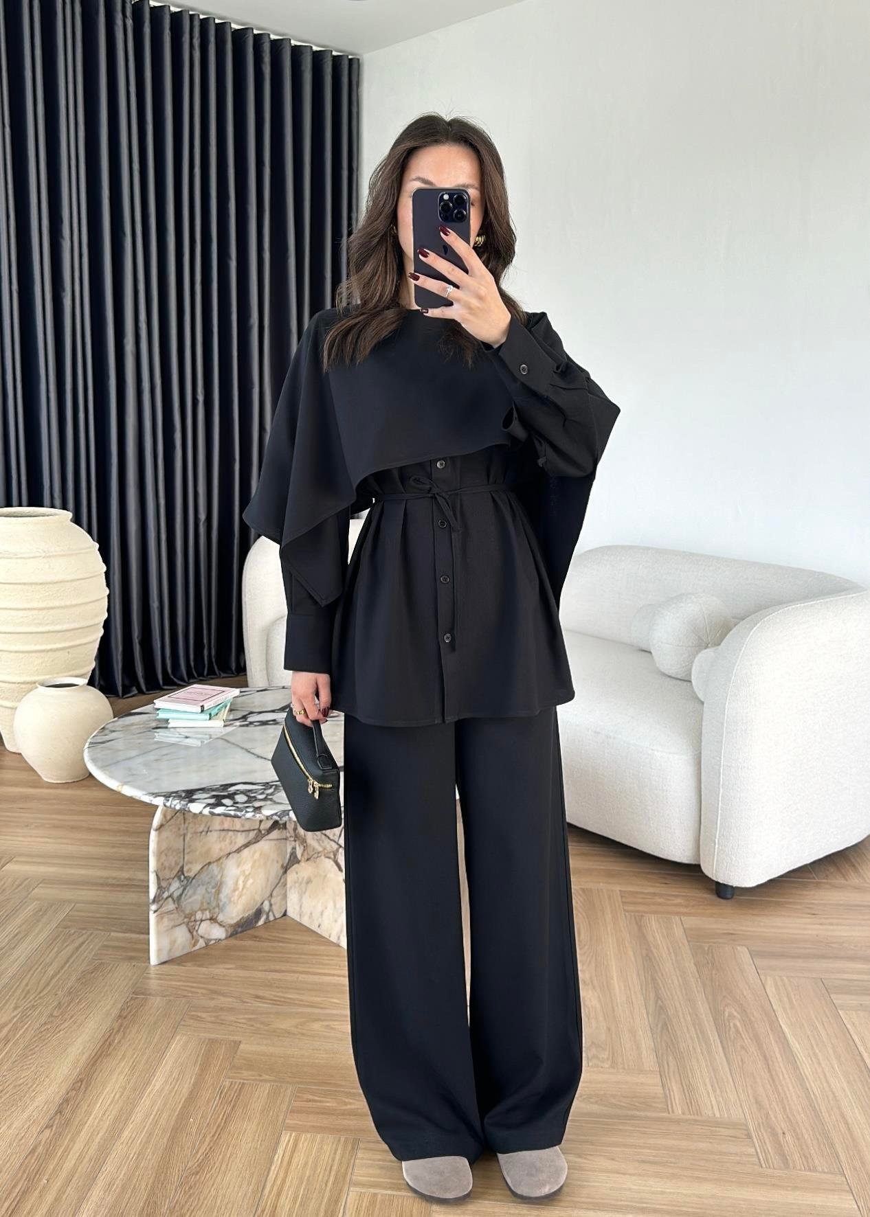 Pelerinli Palazzo Pantolonlu Takım SİYAH