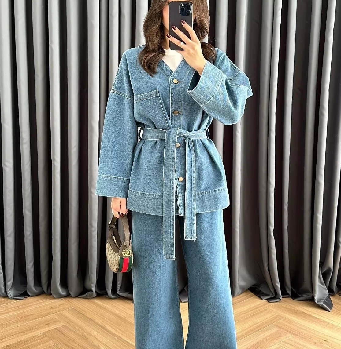 V Yakalı Denim Takım AÇIK MAVİ