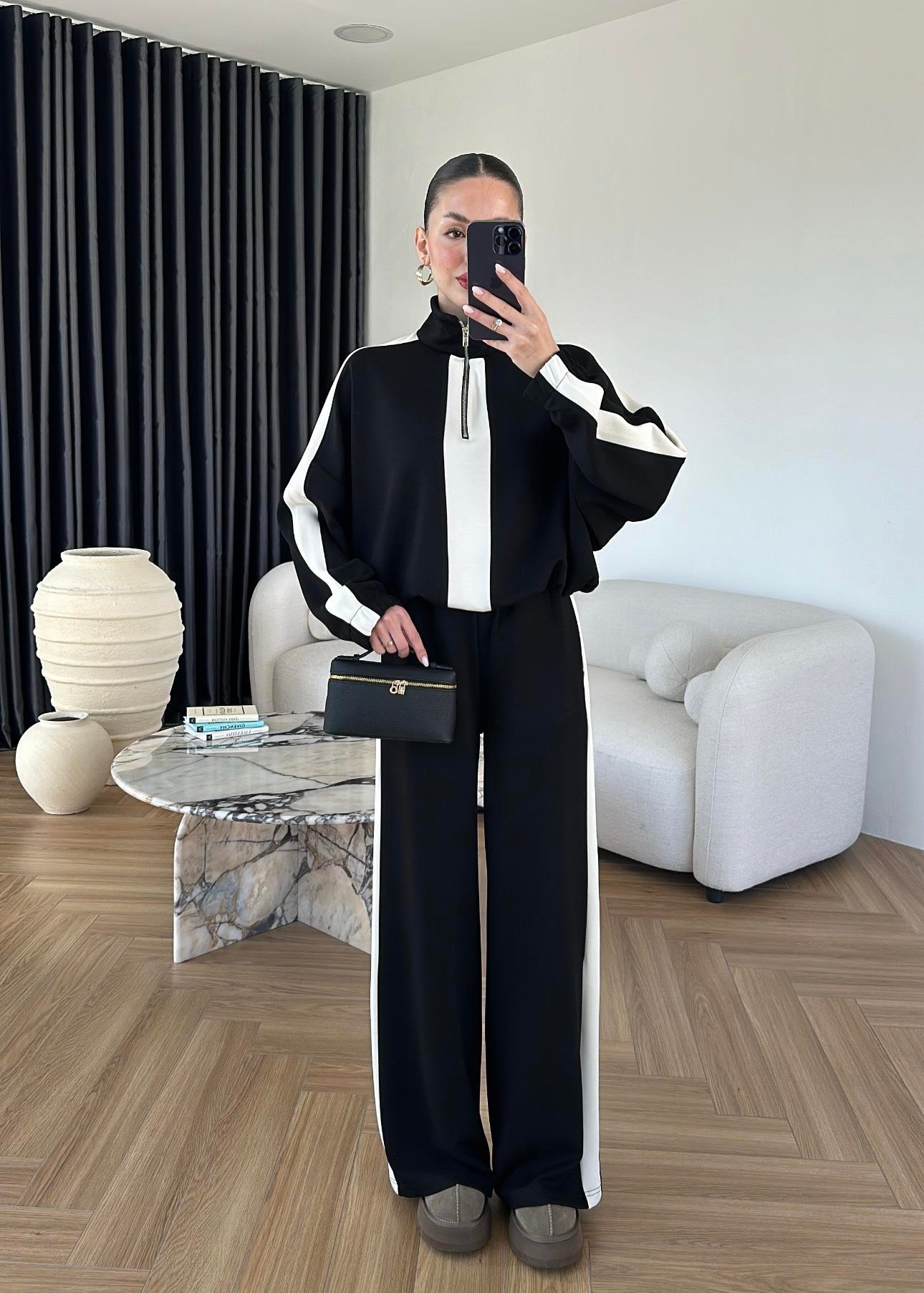 Şeritli Modal Takım SİYAH