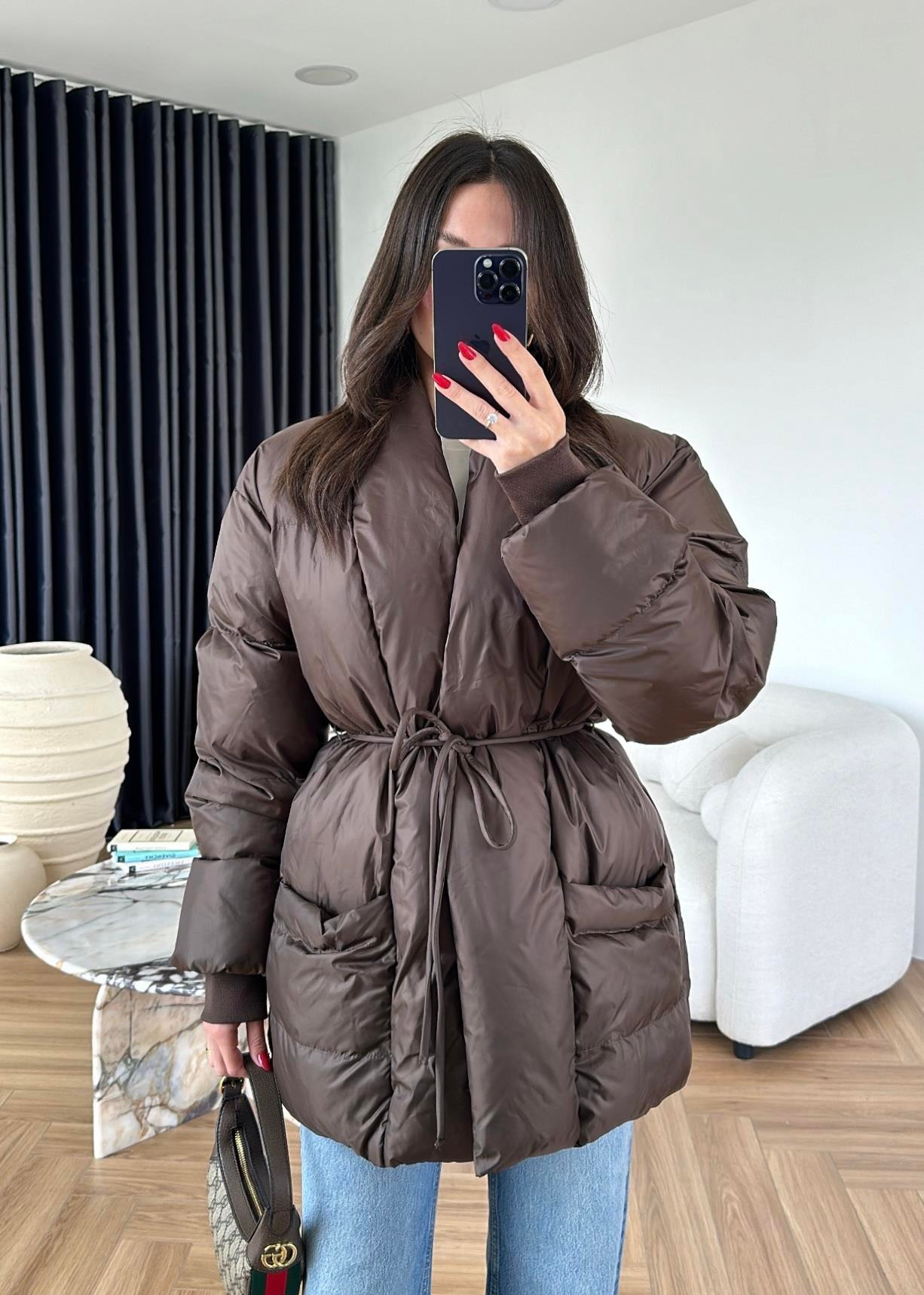 İp Bağlamalı Şişme Mont ACI KAHVE