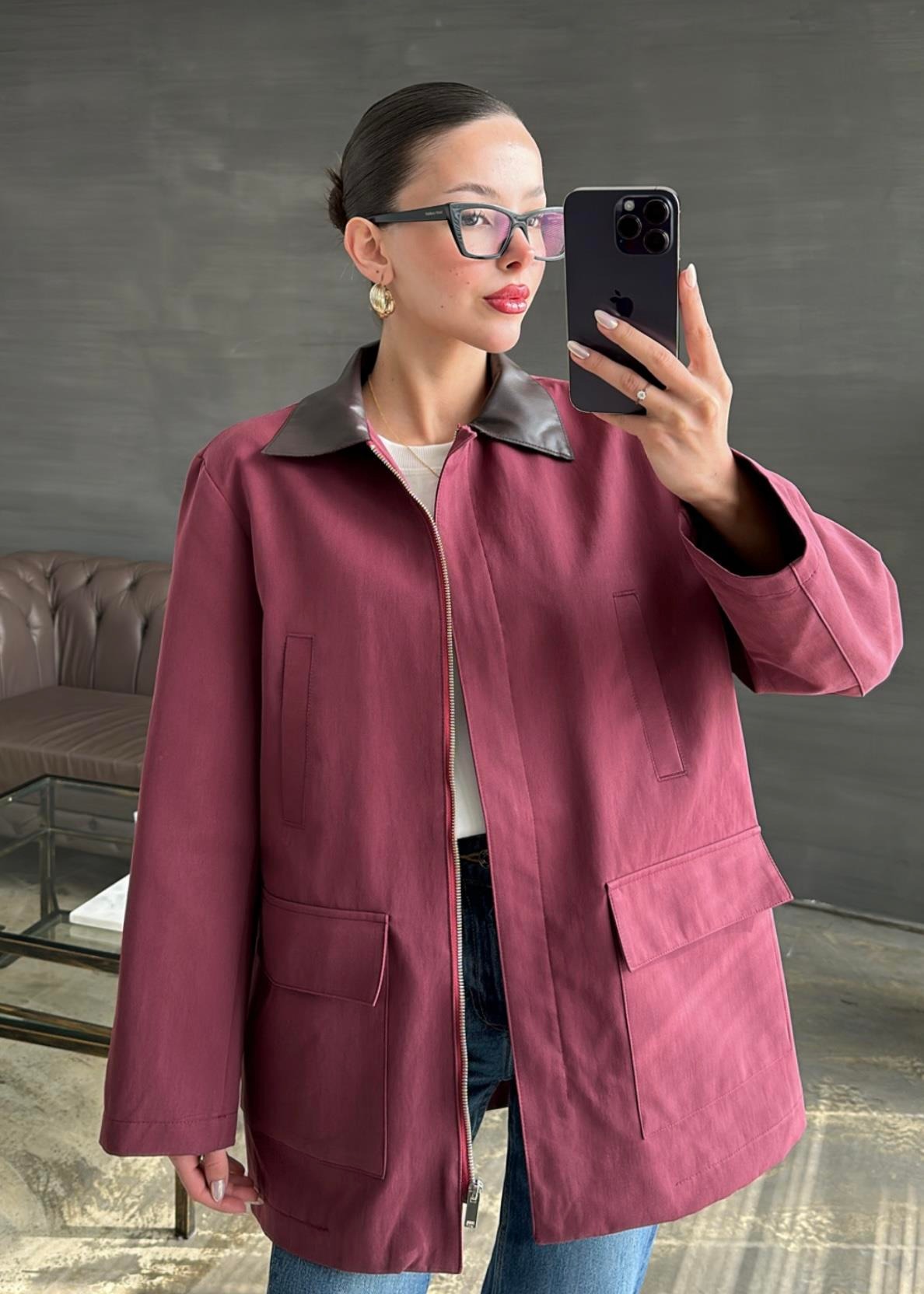 Yakası Deri Detaylı Parka BORDO