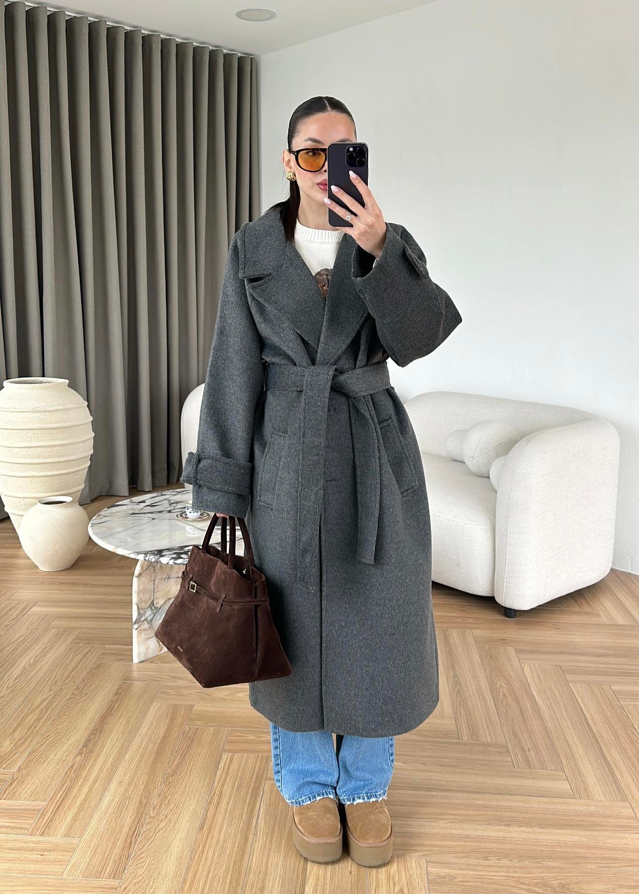 İki Düğmeli Kuşaklı Kaban ANTRASİT