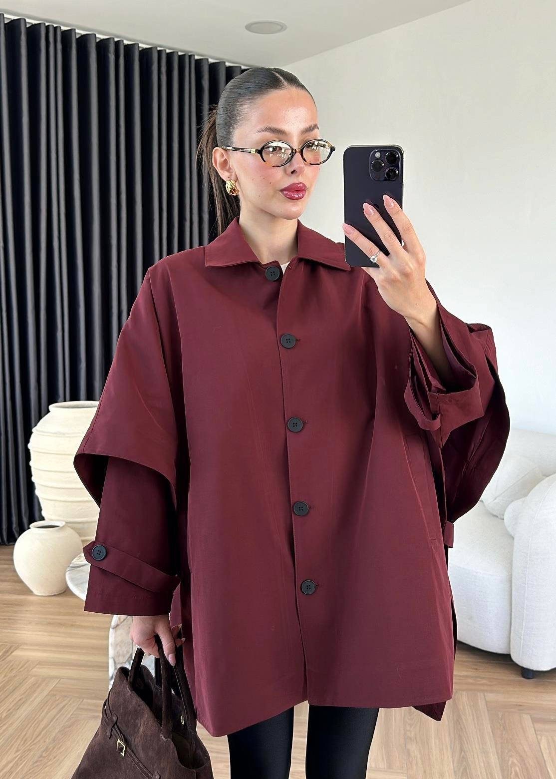 Uzun Kollu Pelerin Trençkot BORDO